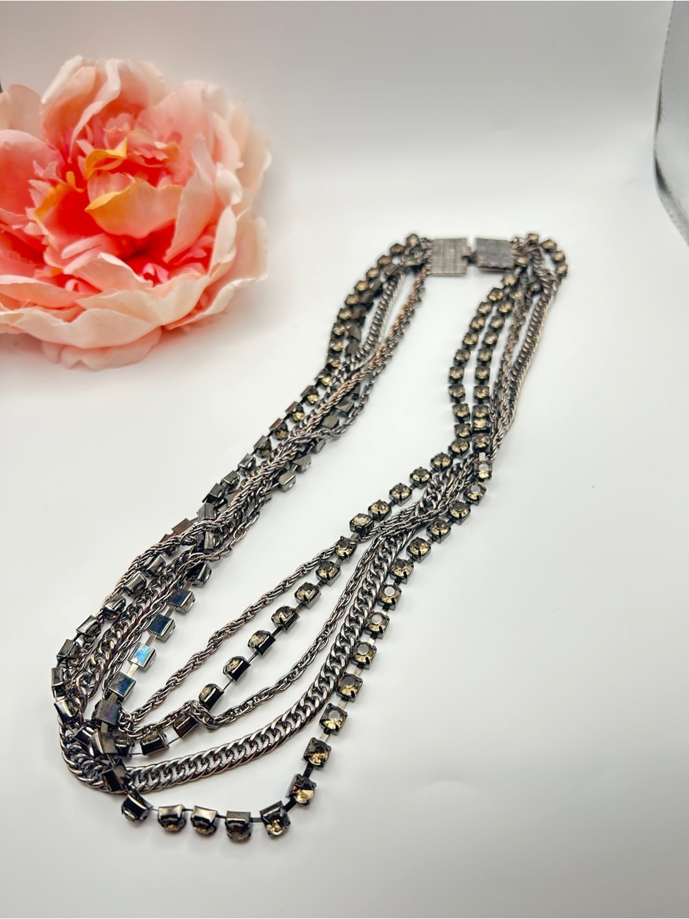 Vintage 5 Strand Gunmetal Rhinestone Statement Necklace